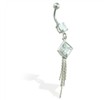 Belly ring with jeweled square and chain dangle