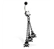 Jeweled black coated belly ring with skull dangles