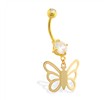 Gold Tone belly button ring with dangling butterfly