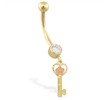 14K Yellow Gold jeweled belly ring with dangling two-toned heart key