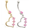 14K Gold belly ring with Pink Tourmaline jeweled dangling heart