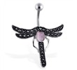 Elegant dragonfly belly button ring with pink cats eye