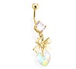 Gold Tone Belly Ring with Dangling Bow with Heart