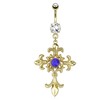 Fleur De Lis Cross with Centered Blue Gem Dangle Gold Tone Navel Ring