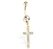 Gold Toned Navel Ring, Dangle Cross with Clear Gems, 14 Ga