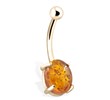 14K Gold Belly Button Ring With Genuine Amber Stone
