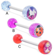 Straight barbell with animal logo glitter balls, 14 ga