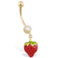 14K Yellow Gold belly ring with dangling strawberry