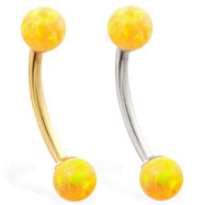 14K Gold curved barbell with Yellow opal balls