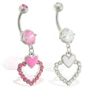 Navel ring with dangling jeweled double hearts