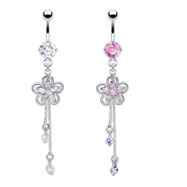 Jeweled navel ring with flower and chain dangle