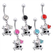 Jeweled Navel Ring with Dangling Skull with Jeweled Heart