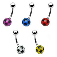 Navel ring with steel top ball and acrylic soccer bottom ball