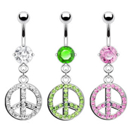 Belly ring with dangling pave jeweled peace sign