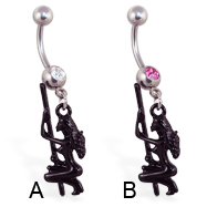 Belly ring with dangling stripper and pole