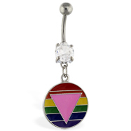 Navel ring with dangling rainbow circle with pink triangle