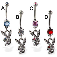 Double jeweled belly button ring with dangling jeweled playboy bunny
