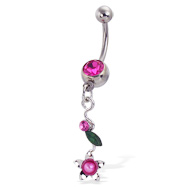 Belly Button Ring with Flower And Leaf Dangle