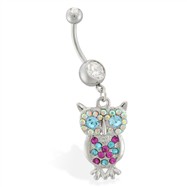 Navel ring with dangling multi-colored jeweled owl