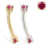 14K Gold internally threaded curved barbell with Ruby gems