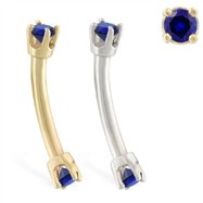 14K Gold internally threaded curved barbell with Sapphire gems