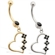 14K Gold belly ring with Black CZ jeweled dangling heart