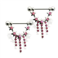 Pair of nipple barbells with jeweled star dangle, 14 ga