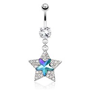 Star with Paved Gems And Aqua Star Gem Dangle Surgical Steel Navel Ring