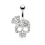 Skull with Paved Gem And Gemmed Four Point Crown Surgical Steel Navel Ring