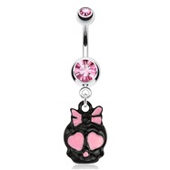 Cute Skull Black with Pink Ribbon And Enamel Plated Heart Eyes Surgical Steel Navel Ring
