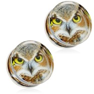 Pair Of Owl Print Encased Clear Acrylic Saddle Fit Plugs
