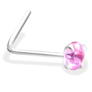 L-Shaped Silver Nose Pin with Pink CZ