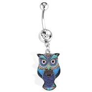 Blue Owl Navel Ring With Aztec Design, 14Ga