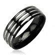 Solid Titanium with Three Stripes on a Black Band Ring