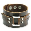 Brown Leather Wide Center Link Buckle Bracelet with Adjustable Snap Closure
