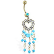 Antique navel ring with dangling heart and Turquoisechandelier
