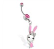 Belly ring with dangling jeweled pink bunny