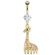 Gold Tone belly ring with dangling jeweled giraffe