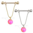 14K Gold nipple ring with dangling pink opal ball on chain, 14 ga