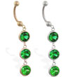14K Gold belly ring with 3 dangling emerald circle CZ'S