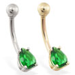 14K Gold belly ring with small emerald teardrop CZ
