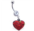 Jeweled belly ring with dangling leopard print heart with rose