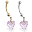 14K Gold belly ring with dangling swarovski pink crystal heart