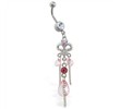 Navel ring with pink jeweled chandelier dangle