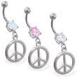 Jeweled navel ring with dangling peace sign