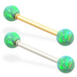 14K Gold straight barbell with Green opal balls