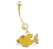 14K Yellow Gold belly ring with dangling enameled fishy