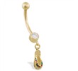 14K Yellow Gold belly ring with dangling multi-colored flipflop