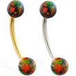 14K Gold curved barbell with Rainbow opal balls