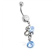 Jeweled navel ring with lt blue jeweled dangle